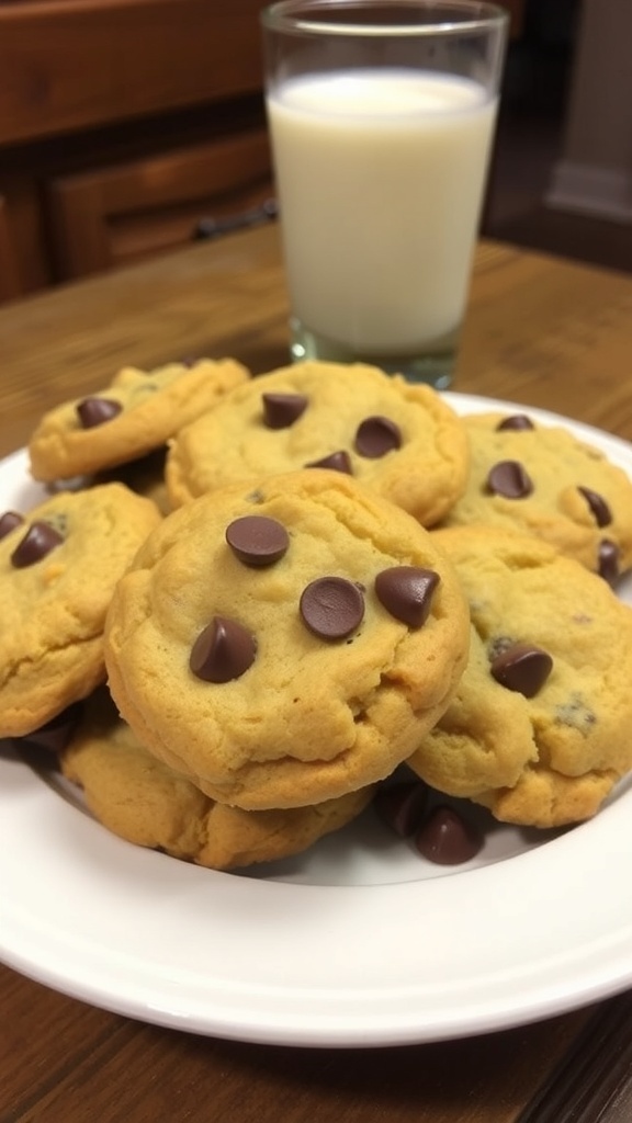 Crispy Chocolate Chip Cookies Recipe A plate of crispy chocolate chip cookies with chocolate chips, served with a glass of milk on a rustic table.